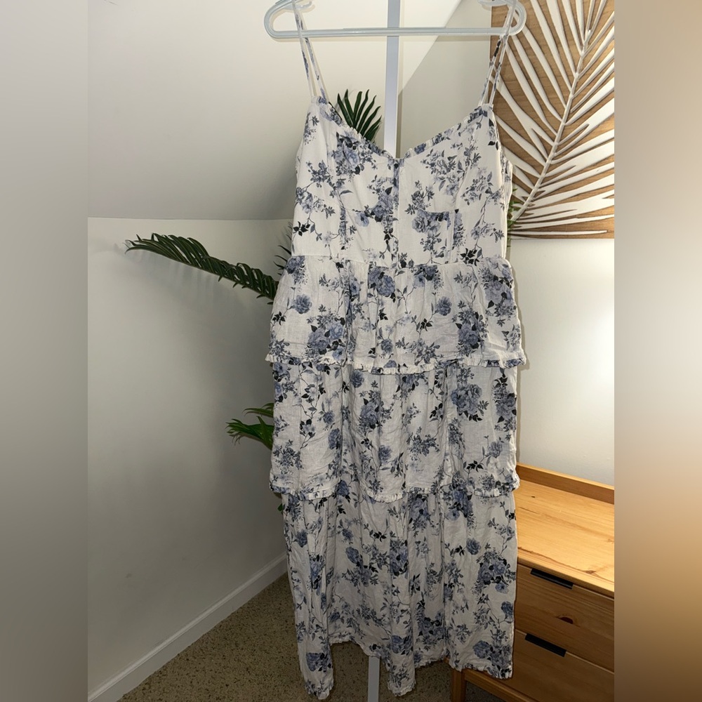 HOUSE OF HARLOW Blue Floral Print‎ Tiered Bustier Corset Linen Dress coastal